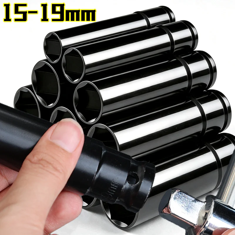 1/2 Drive Extended Hexagon Socket Deep Impact Socket Set Metric Wrench Head Removal Auto Repair Tools 15mm 16mm 17mm 18mm 19mm