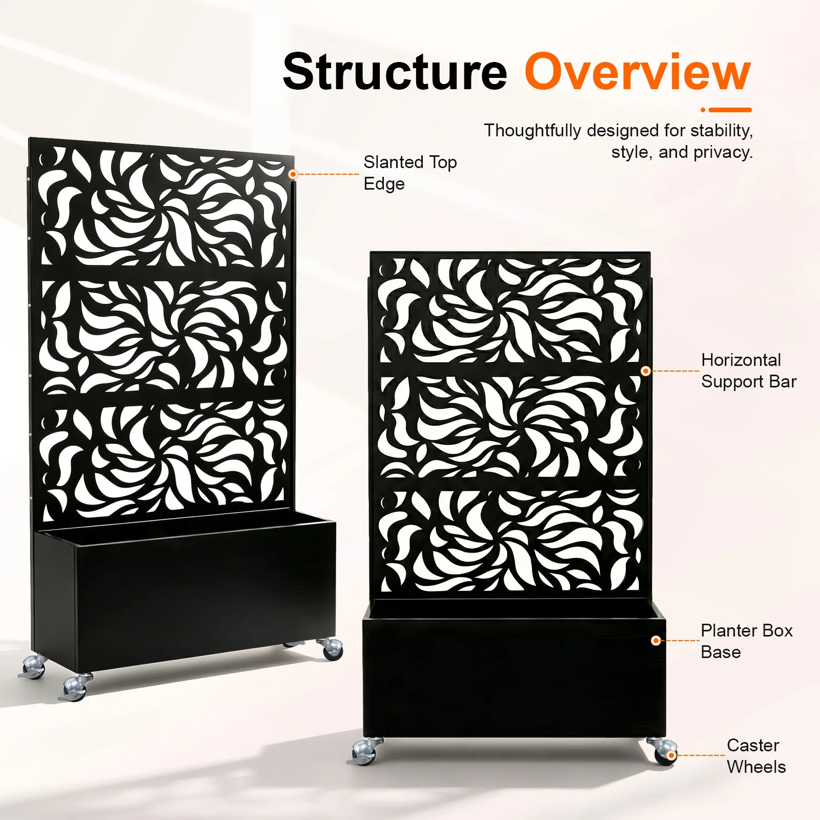 70.87" H × 46.06" W Leaf Pattern Privacy Screen with Planter Box, Black Metal Freestanding Decorative Fence Planter for Patio view 2
