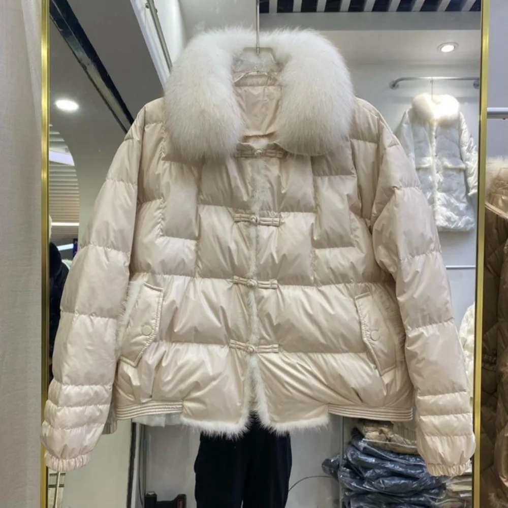 New Chinese Fashion White Duck Down Jacket Ladies Vintage Real Fox Fur Collar Winter Women Puffer Coat Female Parka Outerwear