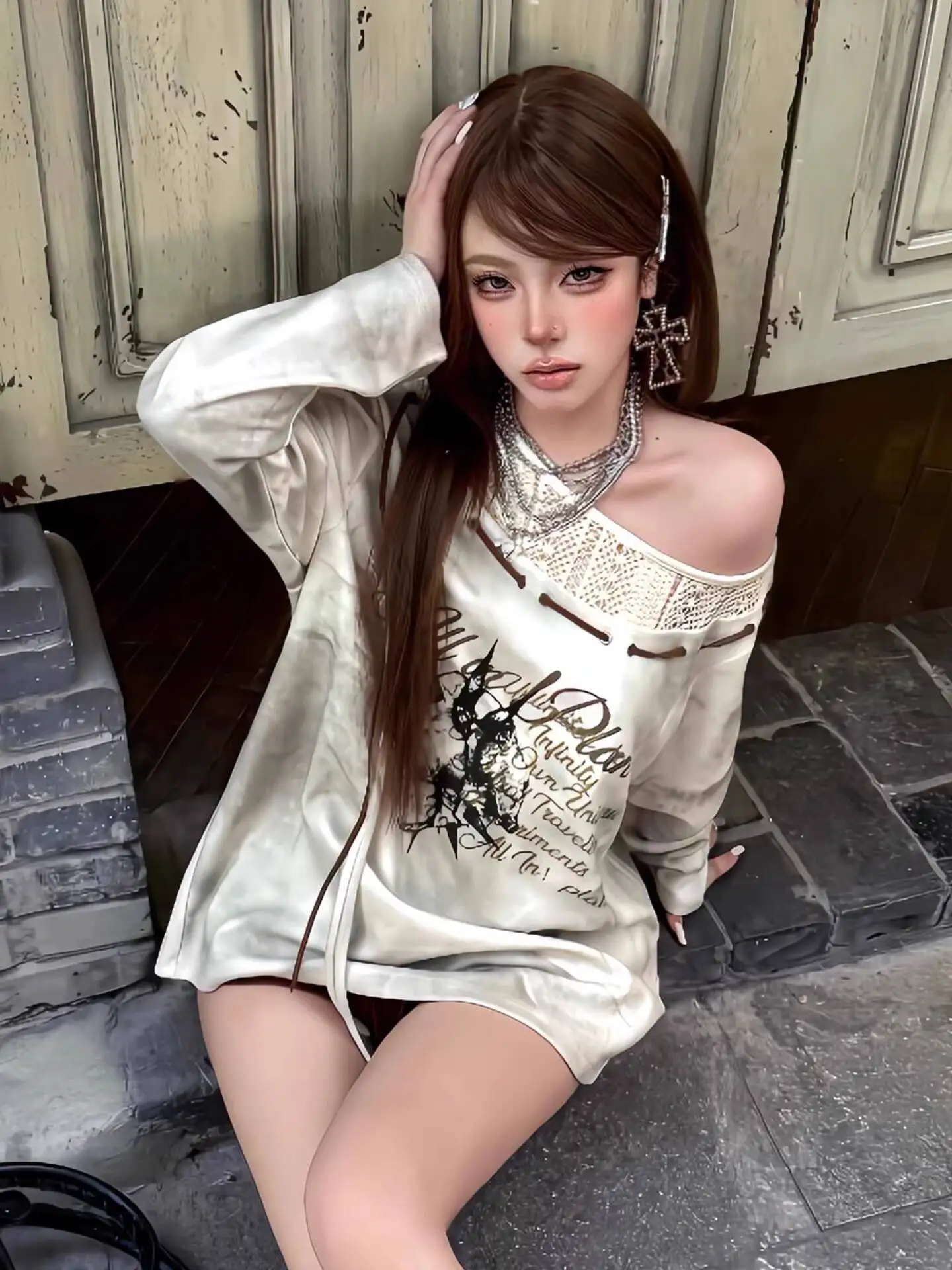 Felpa con cappuccio asimmetrica sottocultura da donna 2026 Primavera maglia patchwork con spalle scoperte Felpa casual Spice Girl alla moda