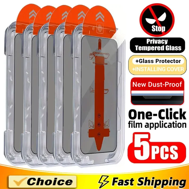 

5Pcs Dust Free Installation Privacy Screen Protector For iPhone 17 15 14 13 12 11 16 Pro Max X XR XS 7 8 16 Plus Anti-spy Glass