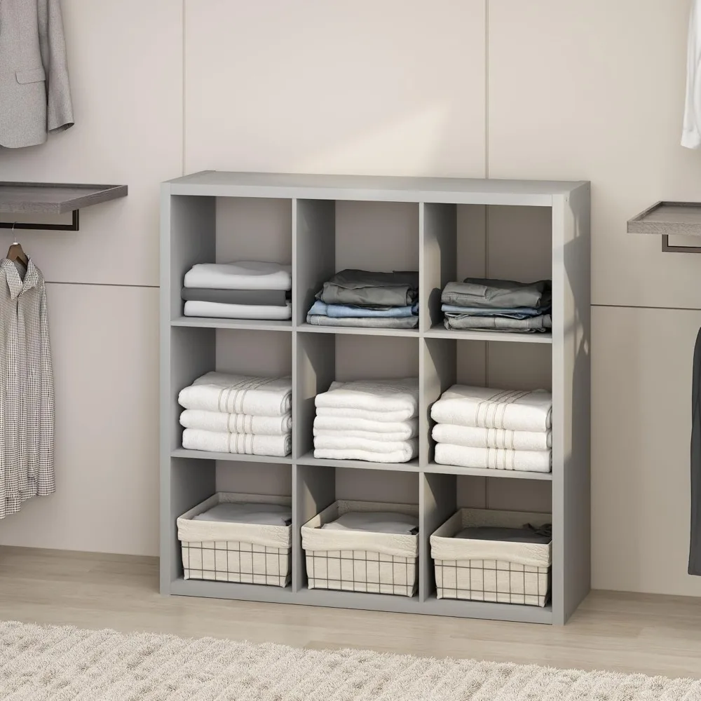 

Cubic Open Back Multipurpose Clothing & Closet Storage Organizer Shelf, 9-Cube, Light Grey