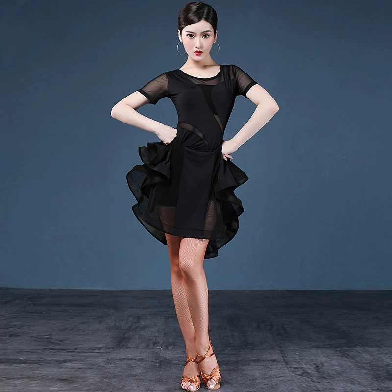 Sexy Female Dance Suit Round Neck Line Dance Skirt Costumes Short Sleeves Perspective Dress Black Women\'s Dresses Wear Costume