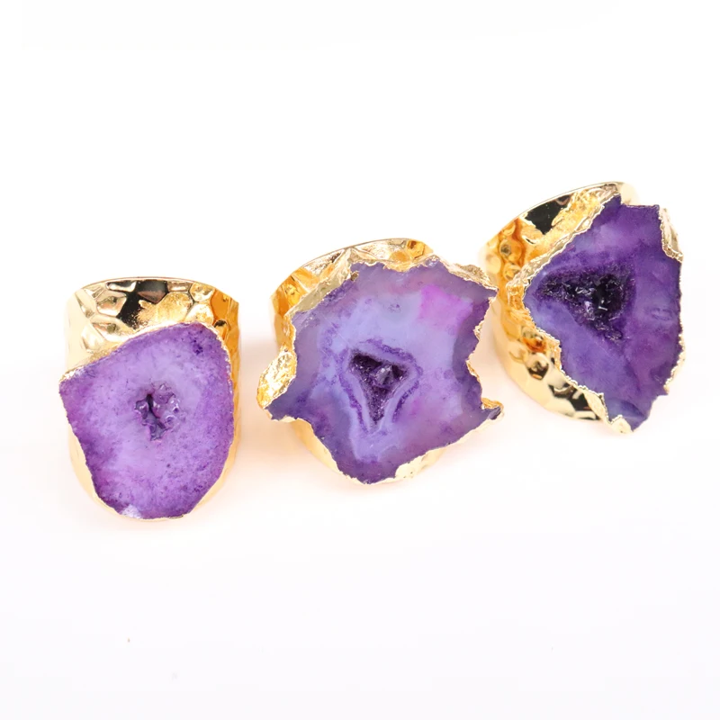 OUENGE Natural Stone Rings OG015 Irregular Geode Genuine Stone Hole Open Purple Crystal Ring for Women Adjustable 1pcs Random