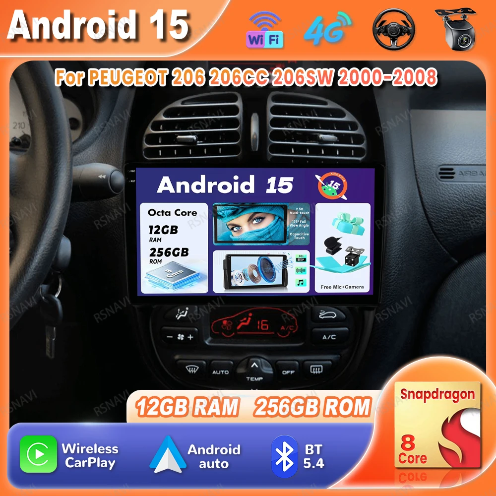 

Car Radio Android 15 For PEUGEOT 206 206CC 206SW 2000-2008 Wireless Carplay Auto DSP Navigation 5G WIFI Multimedia Stereo 4G LTE