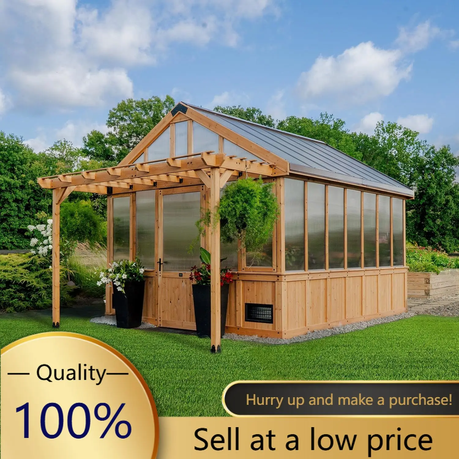 Bellerose XL 13' x 11' Cedar Wood and Polycarbonate Walk-in Greenhouse Kit with Pergola, Exhaust Fan, Windows, Hose Hook-Ups, Po