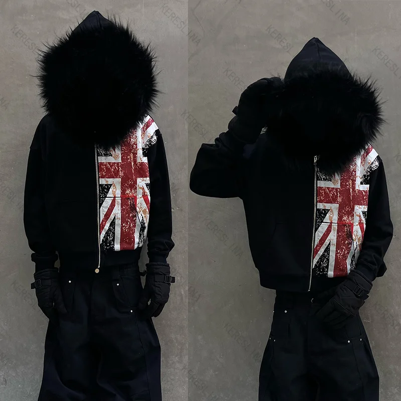 

Y2k Harajuku Gothic Print Trendy hip-hop rock style zipper plush hat hoodie comfortable versatile autumn winter Oversized hoodie