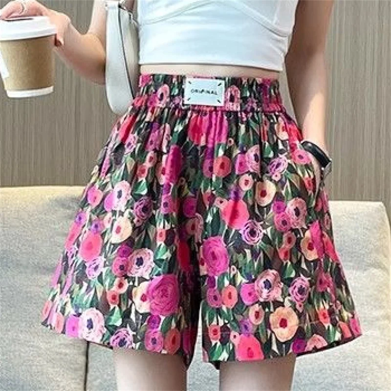 ฤดูร้อนภาพวาดสีน้ํามันดอกไม้กางเกงขาสั้นผู้หญิงสบายๆกางเกงขาสั้นขากว้างขนาดใหญ่หลวมพิมพ์ลายดอกไม้กางเกงขาสั้นElastic Band Casualกางเกง