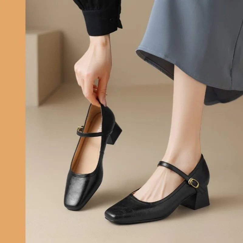 

Women Shoes French Style Shallow Mouth Single Shoes Fashion Square Toe Design Small Leather Shoes Women Mary Janes Zapatos Mujer