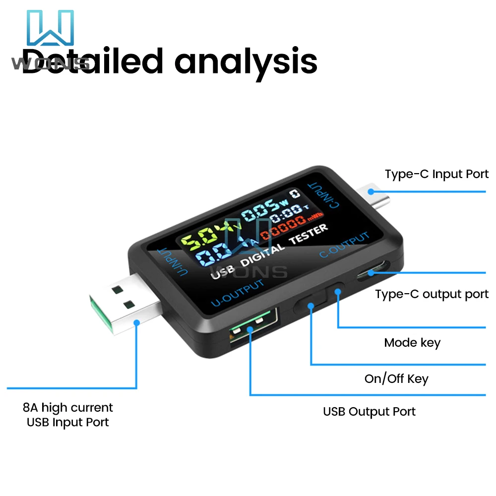 10-in-1Multifunction Digital Display Voltage Current Capacity Tester DC4.5~36V USB+Type-C Interface Power Bank Charger Indicator