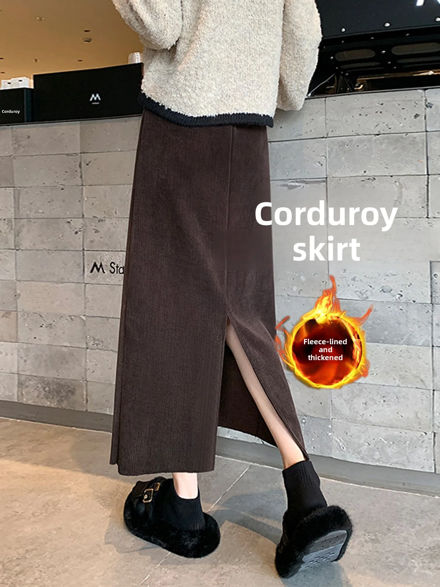하이웨이스트 안감 있는 코듀로이 A라인 미디 스커트 여성용 가을 겨울 신상 출퇴근용 슬림핏 중국산