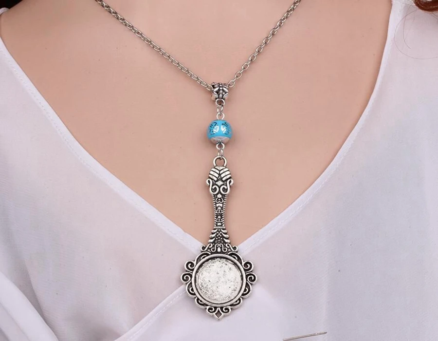 Mirror Necklace Pendant Vintage Silver Charm Choker  Collar Acrylic Bead Statement Necklace Women Jewelry DIY Accessories  B278