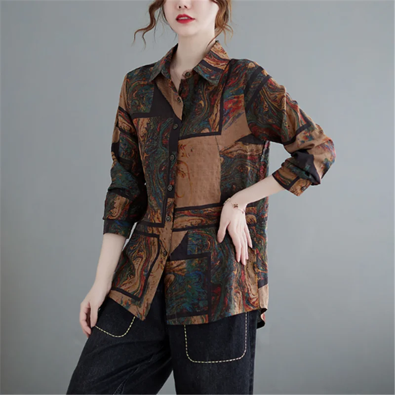 Blusa femenina holgada de manga larga para otoño y primavera, camisa holgada con estampado Vintage, talla grande, 2023