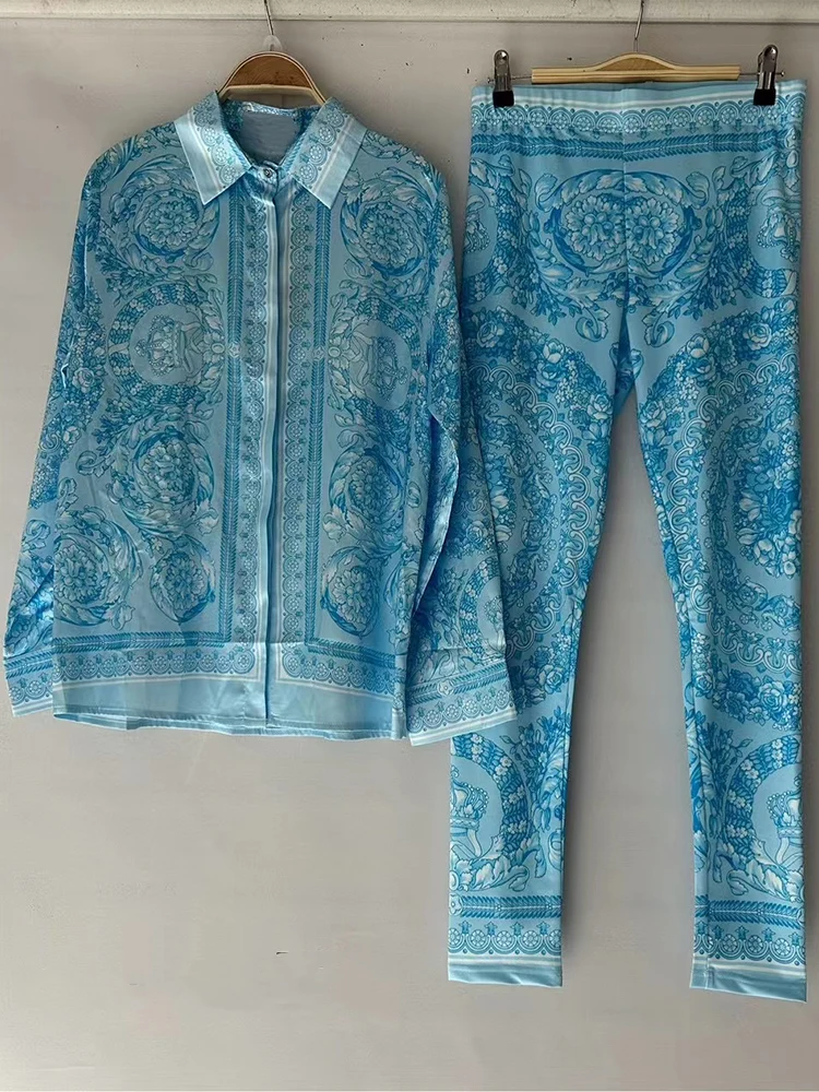 Retro printed lapel long-sleeved shirt 2025 spring women's new suit+elastic waist slim elastic feet pants fashion two-piece suit - Image 3