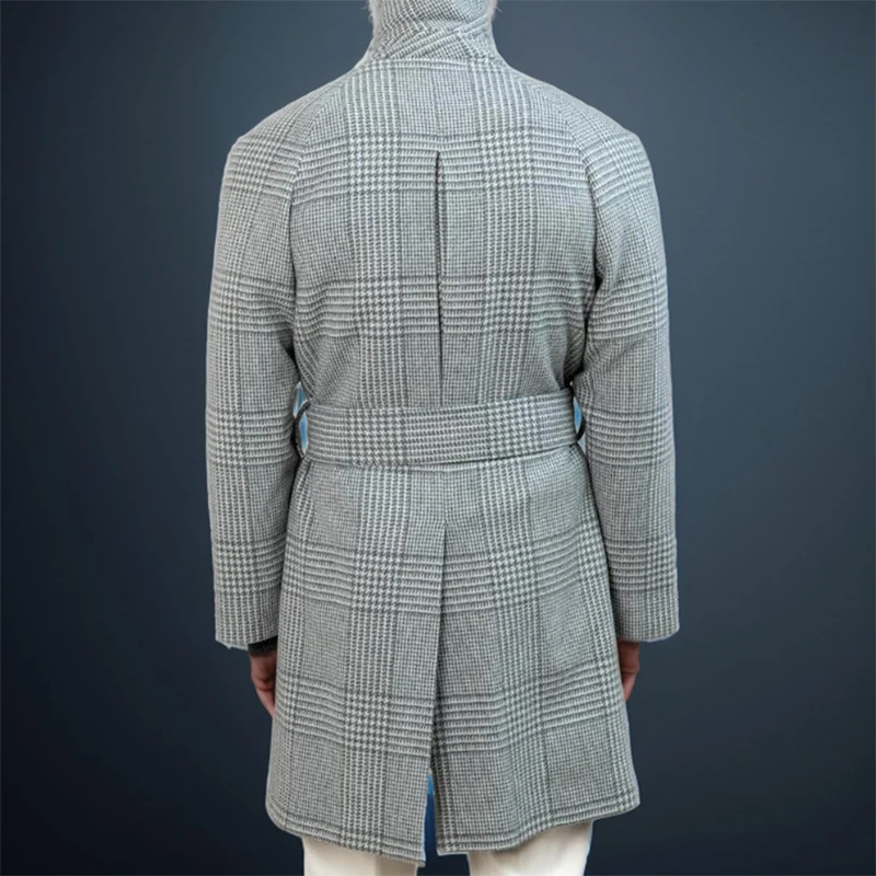 Vintage Plaid Woolen Trench Coat Men Fashionable Lapel Button-up Lace-up Belt Windbreaker Mens Mid Jacket Fall Winter Outerwear