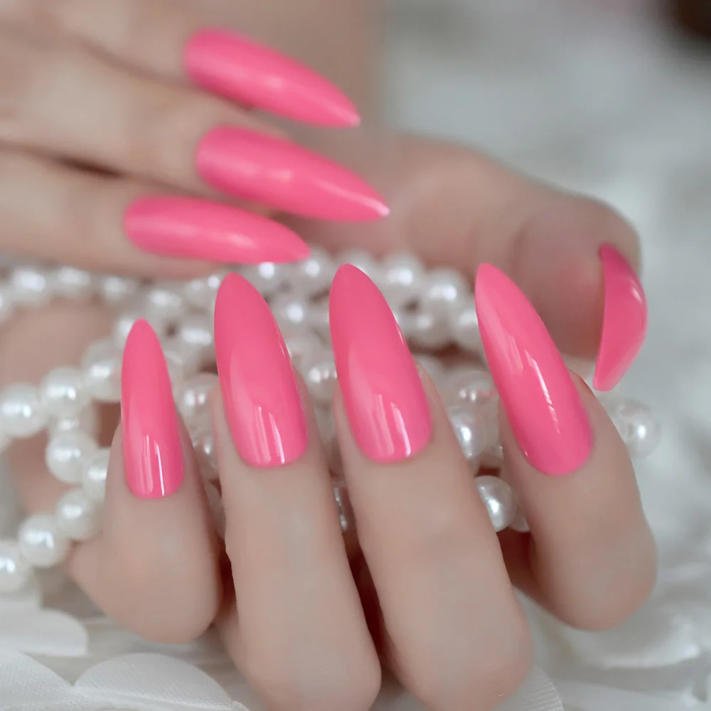 Hot Pink Extra Long False Nails Stiletto Tips Oval End Stilettos Fake Nail Rose Red Gel Manicure Artificial Nails Salon
