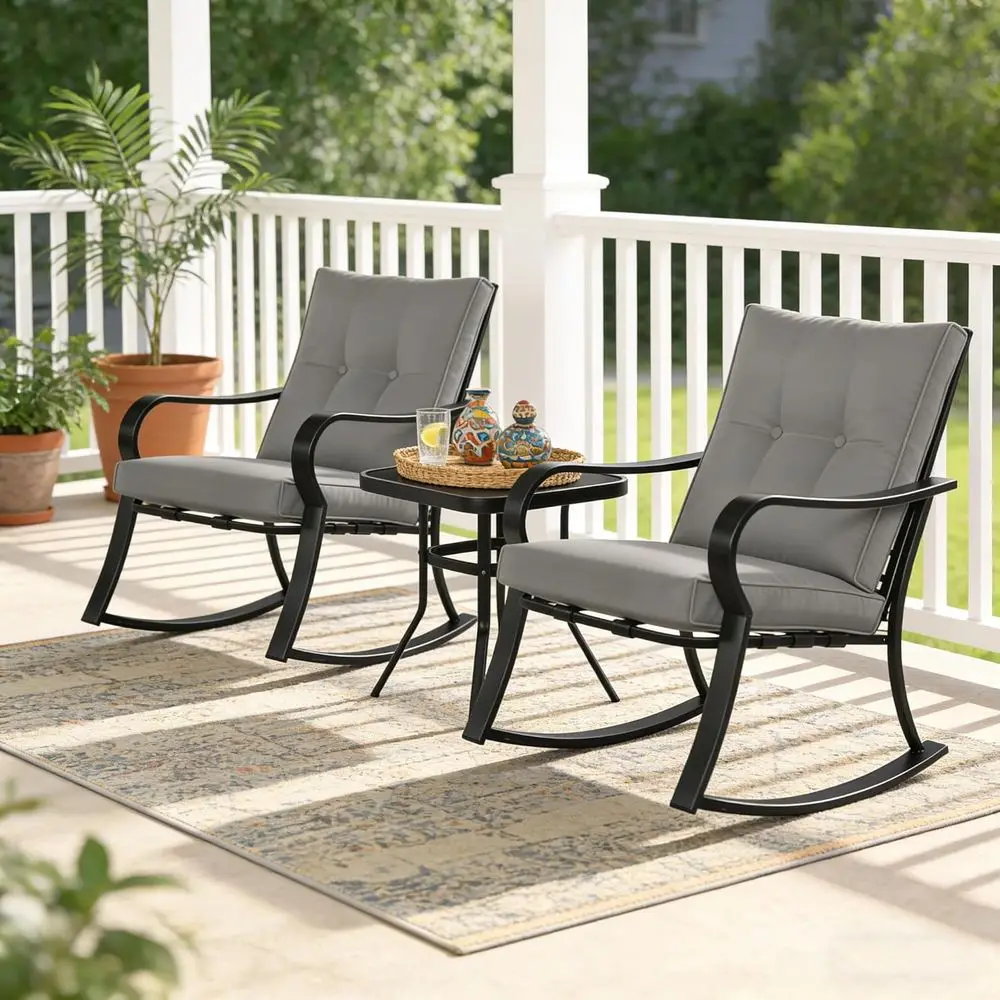 Outdoor 3-Piece Rocking Chairs Patio Bistro Set Black Steel urniture with Thickened Cushion and Glass-Top Coee Table, Grey view 4