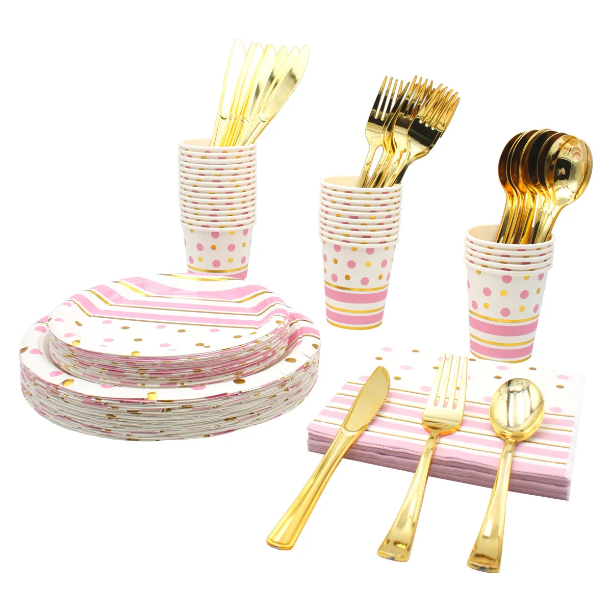 disposable-dining-set-gold-dot-paper-plate-cup-towel-combination-eco-friendly-deadable-round-stripe-pattern-for-banquet