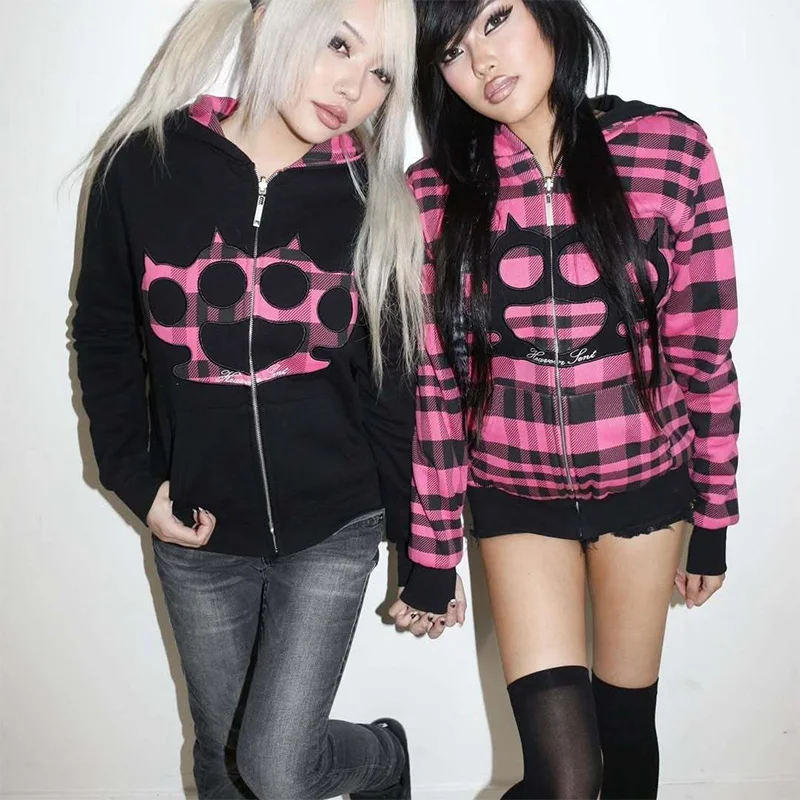 2026 Autumn Winter Women Goth Punk Reversible Zip Hoodie Pink Black Plaid Brass Knuckles Print Y2K Grunge Oversized Sweatshirt
