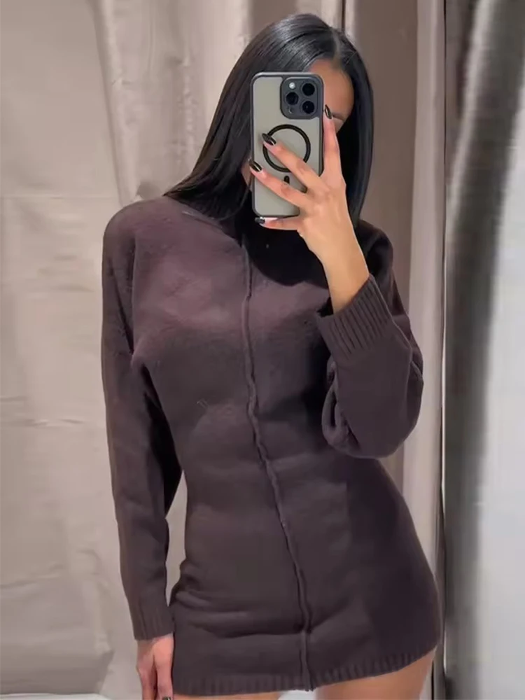 Damskie swetry jesienno-zimowe, dzianinowe sukienki dla kobiet, modne sukienki z golfem, z długim rękawem, krótkie sukienki, ciepłe sukienki swetrowe z rozcięciem dla pań.