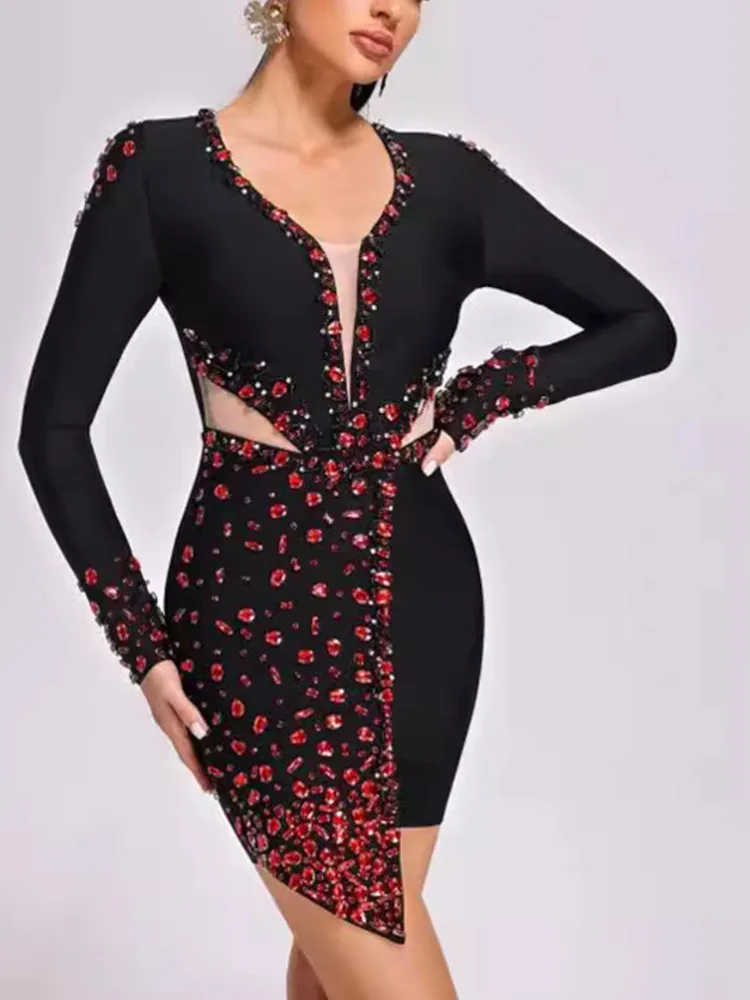 [ZOCI] High Light Luxury Red  Tight Fitting Long Sleeved Bandage Wrapped Dress, High-end Sexy Dress New Fashion