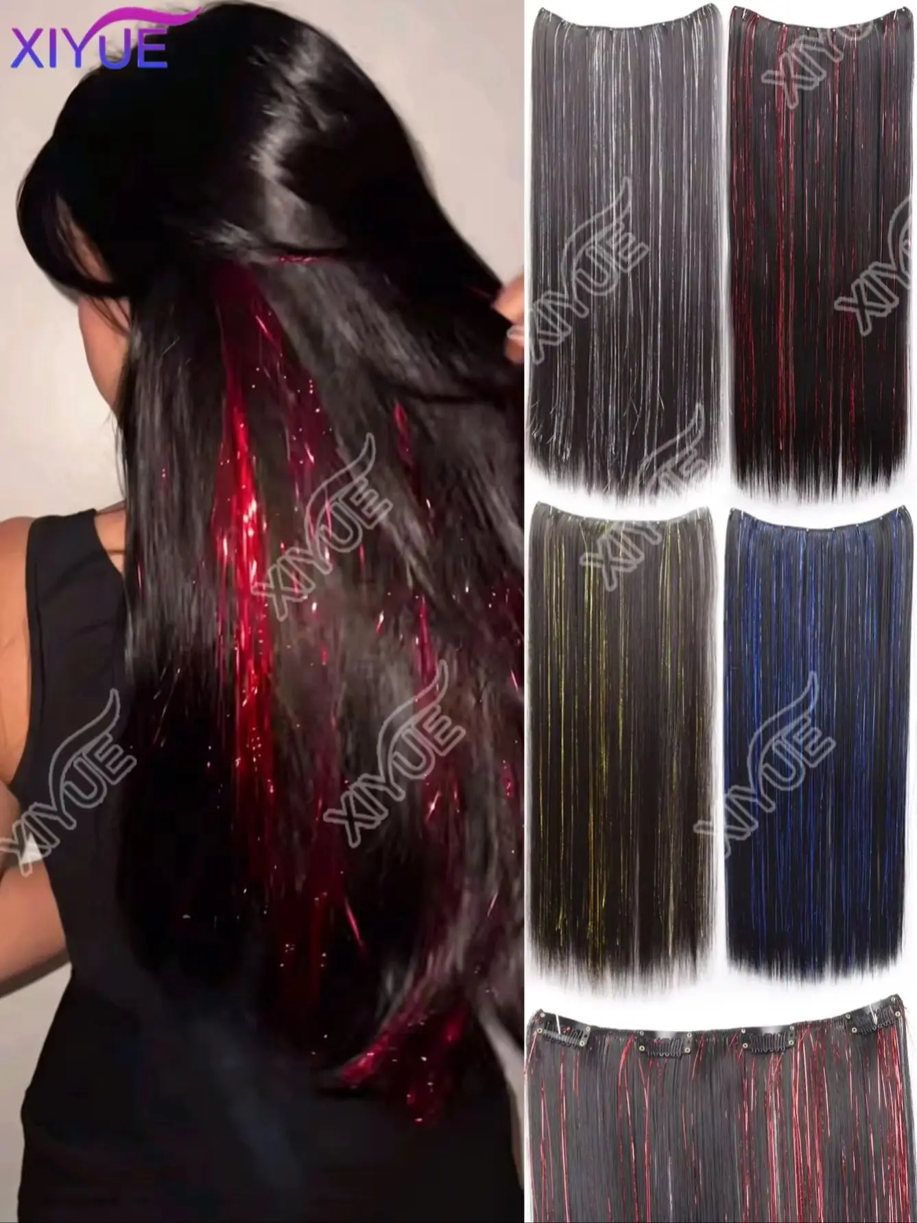 XIYUE Glitter Tinsel Hair Extensions Synthetic Clip in Hair Extensions One Piece Long Straight Synthetic Fiber Streaks For Party