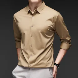 Camisa de manga larga para hombre, camisa Formal de seda de hielo, informal, de negocios, de alta calidad, talla grande, color sólido, sin ropa, para primavera y verano, 6XL