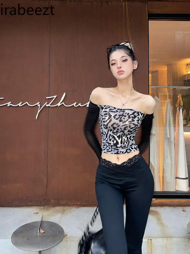 American Retro Leopard Print Stretch Micro Transparent Square Collar Summer Tops Sun Protection Long Sleeve Slim T Shirt