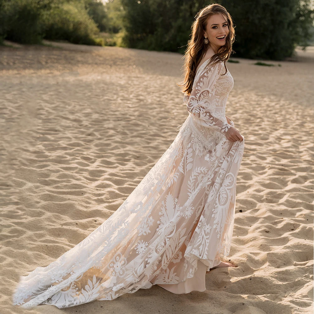 Personalizado mangas compridas inchadas allover rendas boho elopement vestidos de noiva uma linha com decote em v borla boêmio praia vestido de casamento modesto