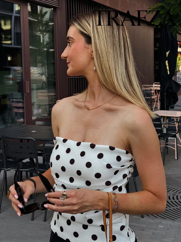 

TRAFZA Female New Fashion Sleeveless Tops White Polka Dots Strapless Backless Zipper Women's Summer Sexy Slim Short Tops Trendy