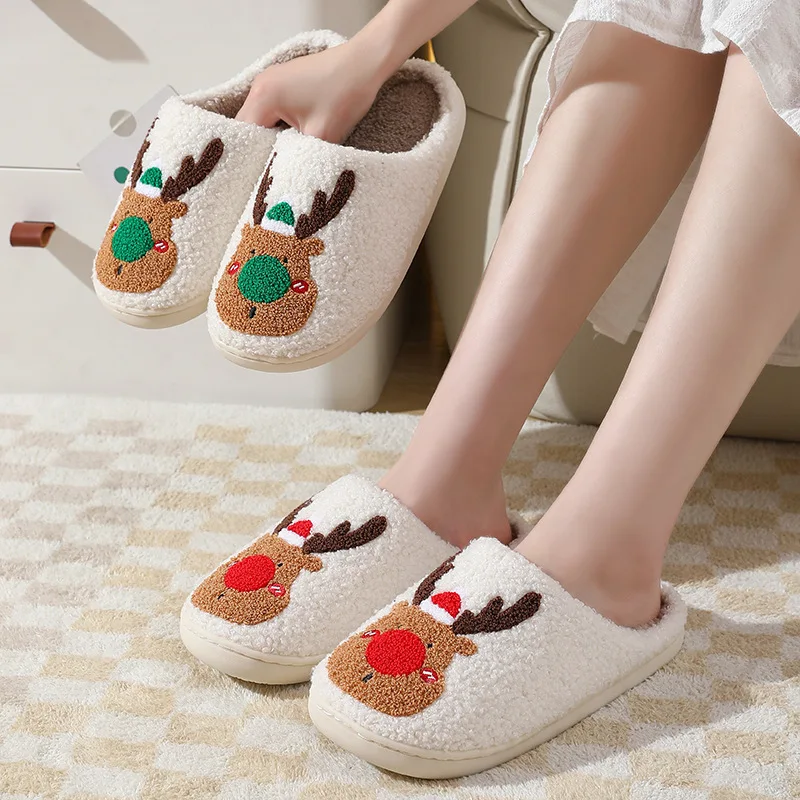 New Christmas Slippers Women Elk Cotton House Girl Fur Cute Cushion Slides Bedroom Ladies Men Plush Shoes Winter Slippers