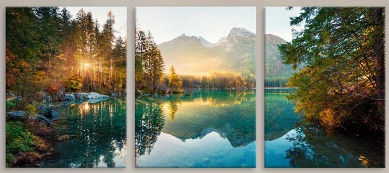 3pcs -Serene lake mountain sunrise landscape triptych Theme Canvas Wall Art  Painting, 2D Flat, Suitable for Halloween, Chris