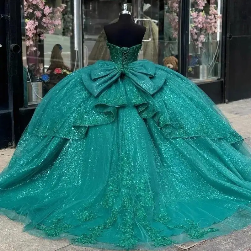 Emerald Green Lace Appliques Tulle Quinceanera Dress Off-Shoulder Crystal Corset Vestidos 15 De XV Anos Customized