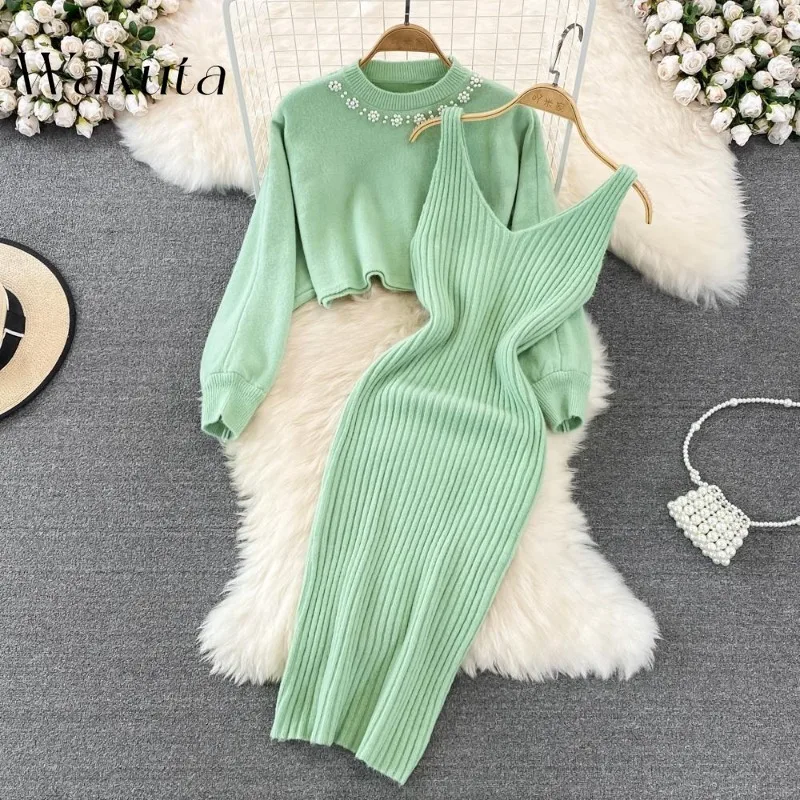 WAKUTA French Round Neck Long Sleeve Solid Sweaters Sexy V-neck Strapless Fall Knitwear Undershirt Dresses Casual Two-piece Set