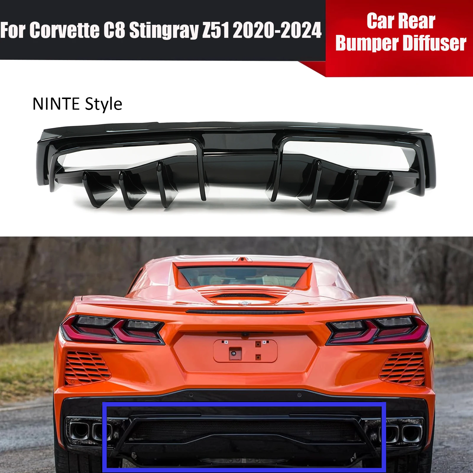 Car Rear Bumper Diffuser For Chevrolet Corvette C8 Stingray Z51 2020-2024 NINTE Style Spoiler Glossy Black/Carbon Fiber Style