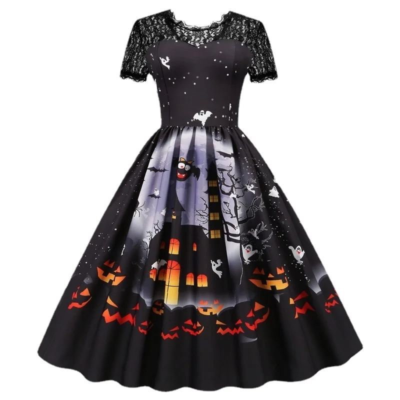 

Lace Retro Halloween Dress Women Costumes Short Sleeve 50S 60S Vintage Party Dresses Skull Witch Scary Holloween Clothes Cosplay