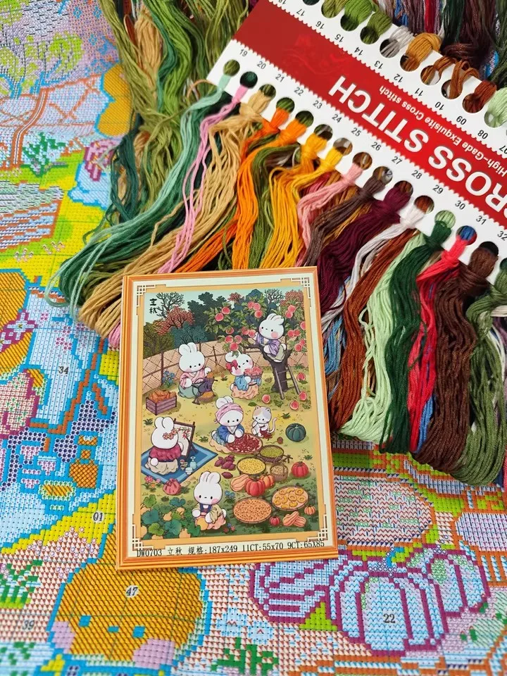 

Набор для вышивания персикового кролика «сделай сам», холст с принтом, 9CT, 11CT, набор для вышивания, рукоделие, ручная работа, домашний подарок, 47 цветов