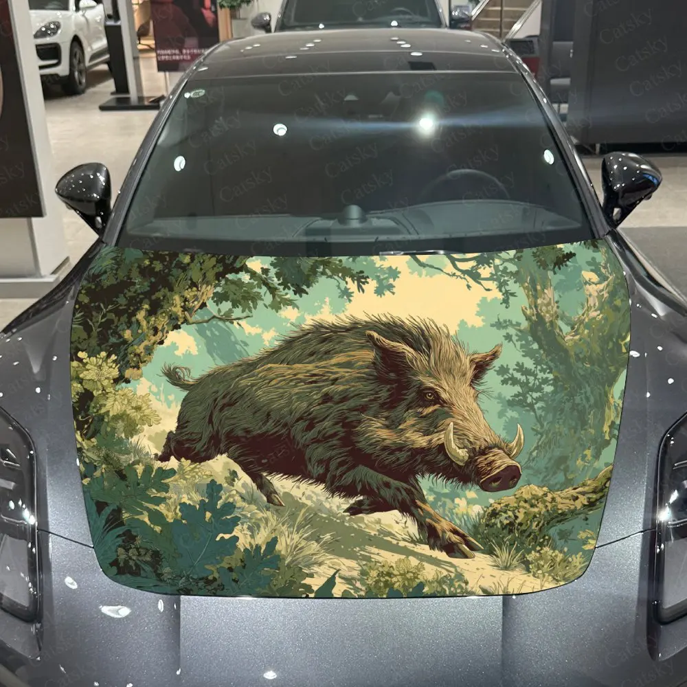 The Alert Wild Boar Car Vinyl Wrap - Vibrant Pattern Design, Splash-Resistant PVC Decal For Engine Hood, Easy Removal & Durable