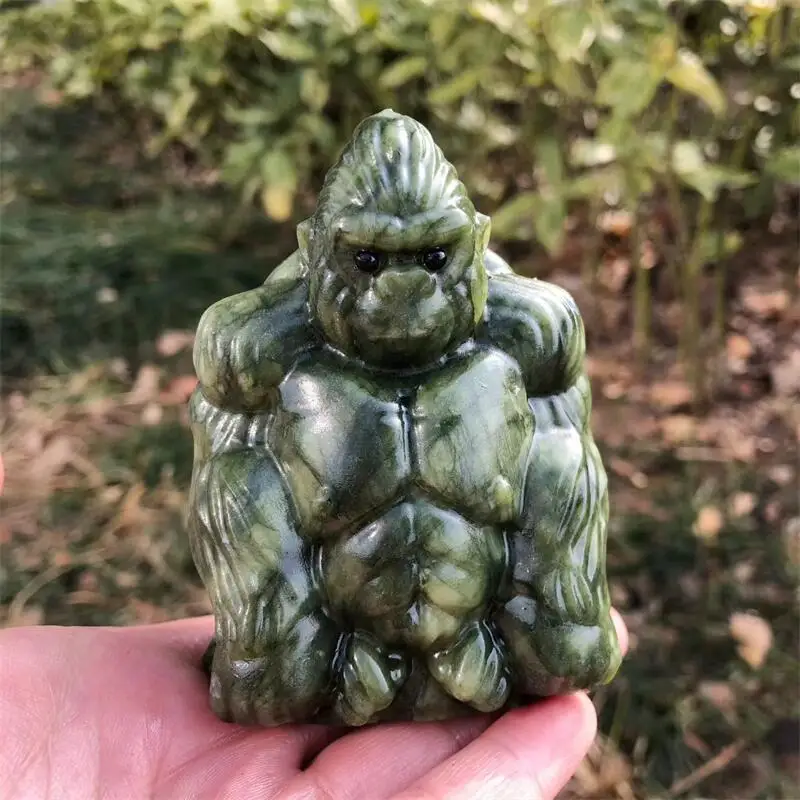 Natural Green Jade Ophiolite Chimpanzee Carving  Cartoon Stones Healing Polished Mineral Ornaments Home Decoration 1PCS