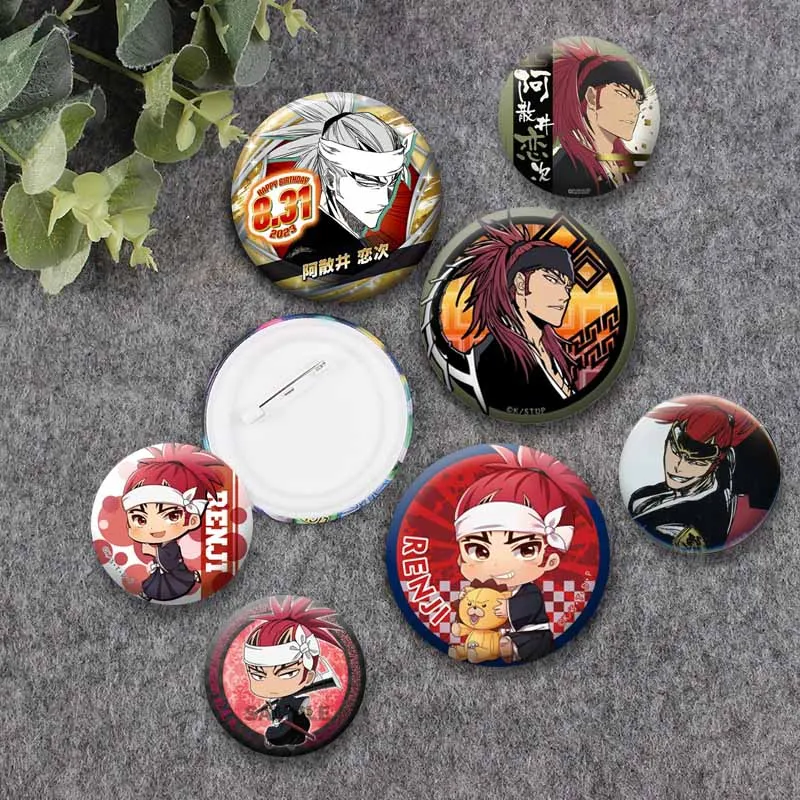 Anime BLEACH Renji Abarai Round Snap Brooch Handmade Otaku Culture Lapel Pins Cartoon Badges Bag Shoes Accessories Jewelry Gifts