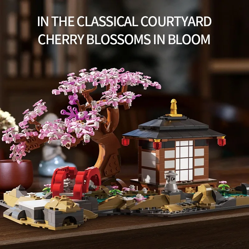 Moc flor de cerejeira zen jardim blocos de construção japão arquitetura sakura casa na árvore vista rua tijolos construção brinquedos presente do miúdo