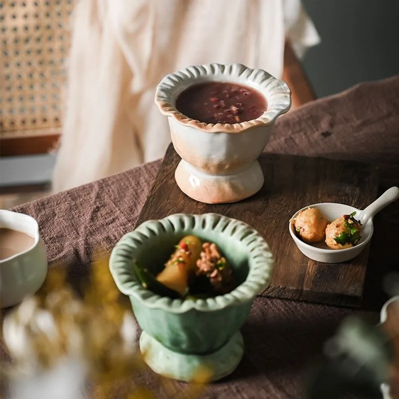 

Creative Skirt Edge Design High Footed Ceramic Bowl, Household Ice Cream Dessert Snack Bowl, Heat-resistant Kitchen Utensils
