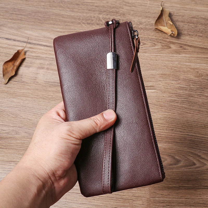 LUOKIR High Quality Men's Genuine Clutch Bag Casual Soft Cowhide Long Wallet Women Simple Slim Zipper Card Clip Coin Phone Bags