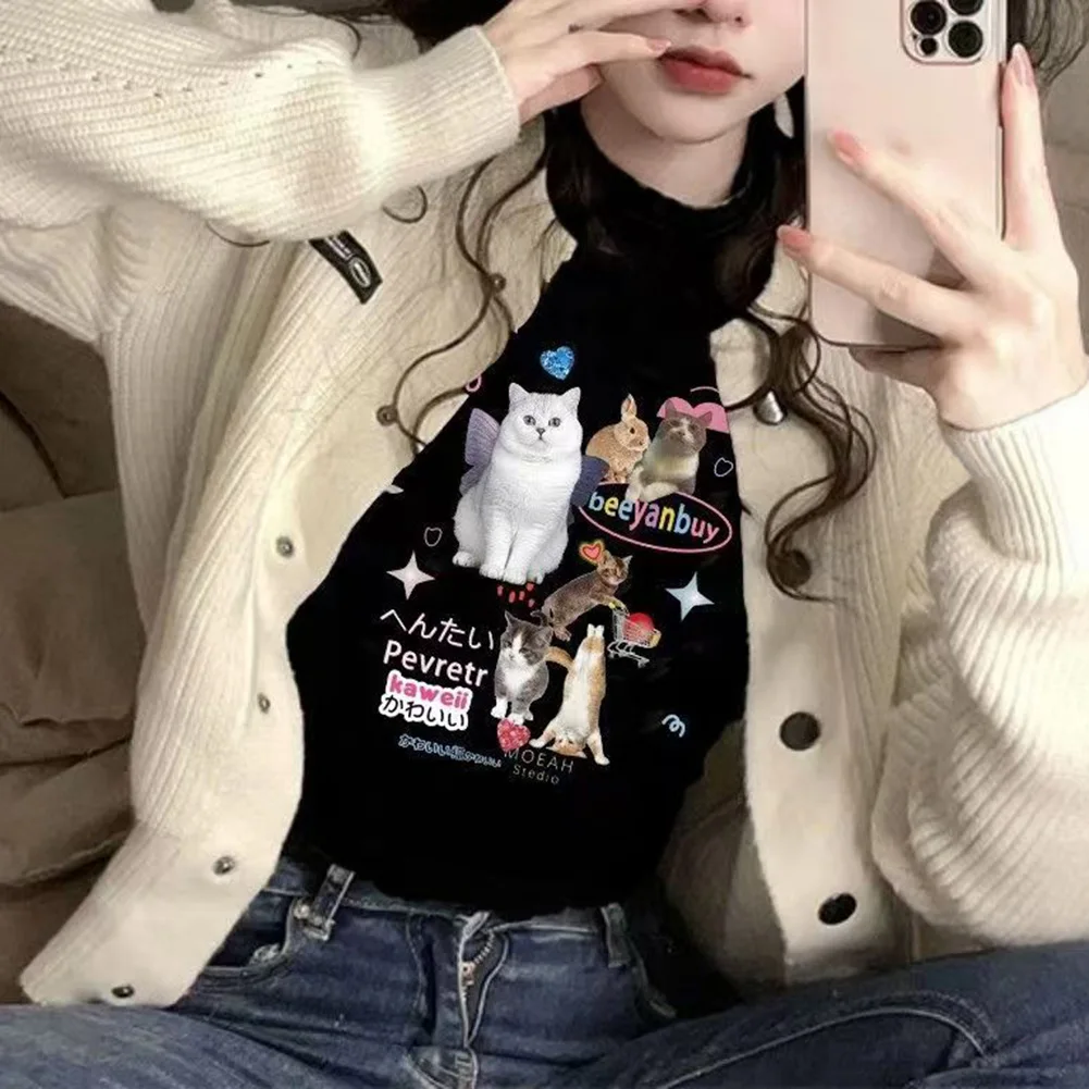 

Модная повседневная черная футболка в стиле ретро Gyaru для женщин, укороченная, с принтом, для модных мероприятий и прогулок