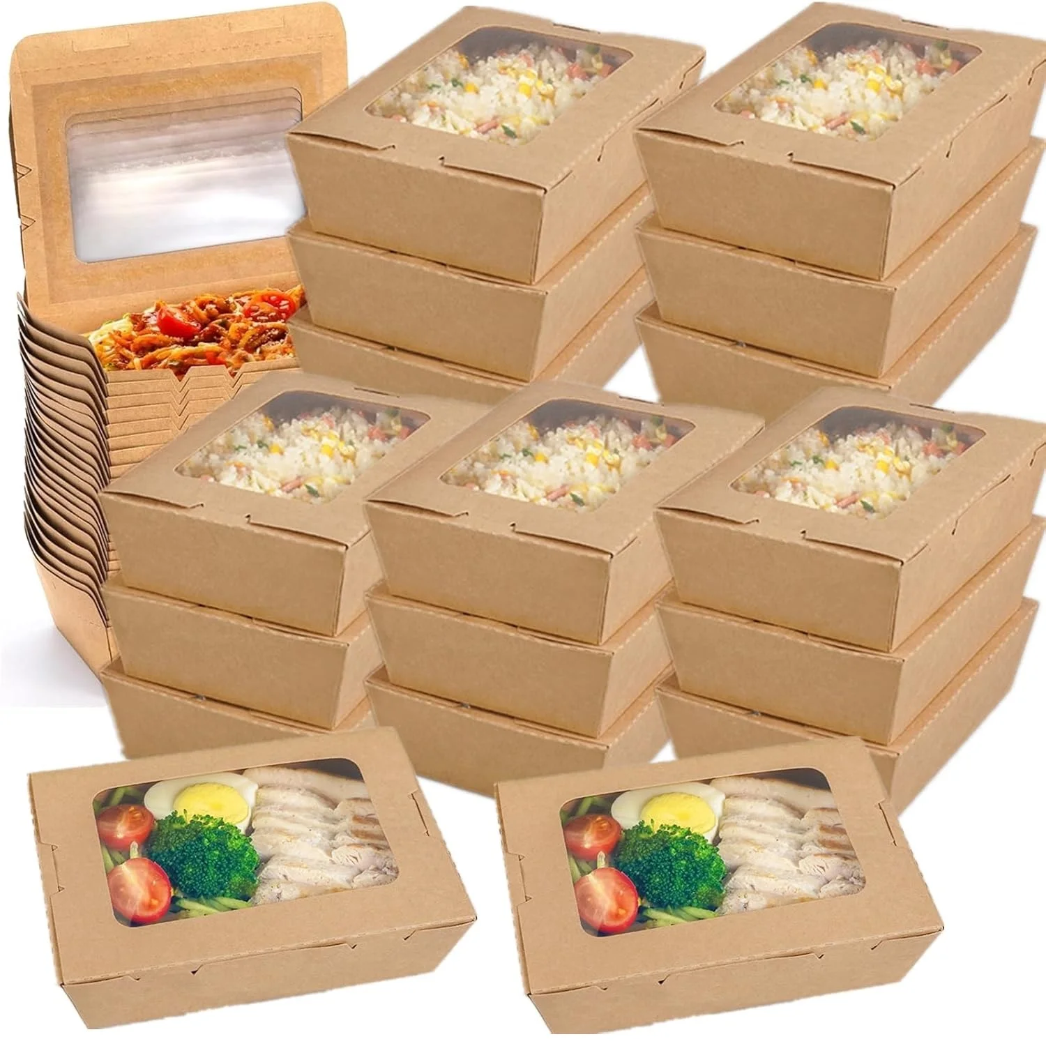 200Pcs Take Out Food Containers with Window, Paper Food to Go Box Disposable Boxes for Lunch Meal, Restaurant, Catering, Party