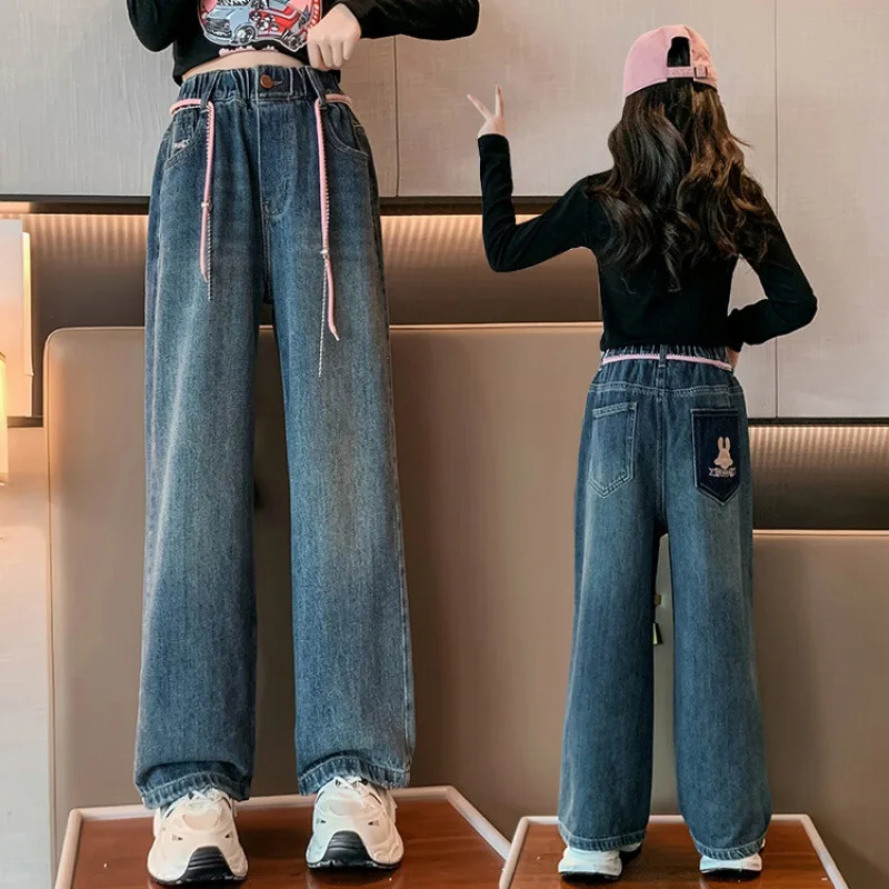 Clothing Baby Children's Girls Pants Infant Denim Trousers Kids Girl High Waist Jean Children Straight-leg Wide-leg Pant 6-14Y