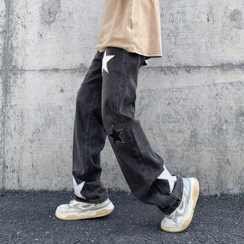 

Мужские джинсы с геометрическим рисунком, широкие мешковатые джинсы до щиколотки, японский стиль, молодежная жизненная сила, высокая талия, стильные универсальные 2023