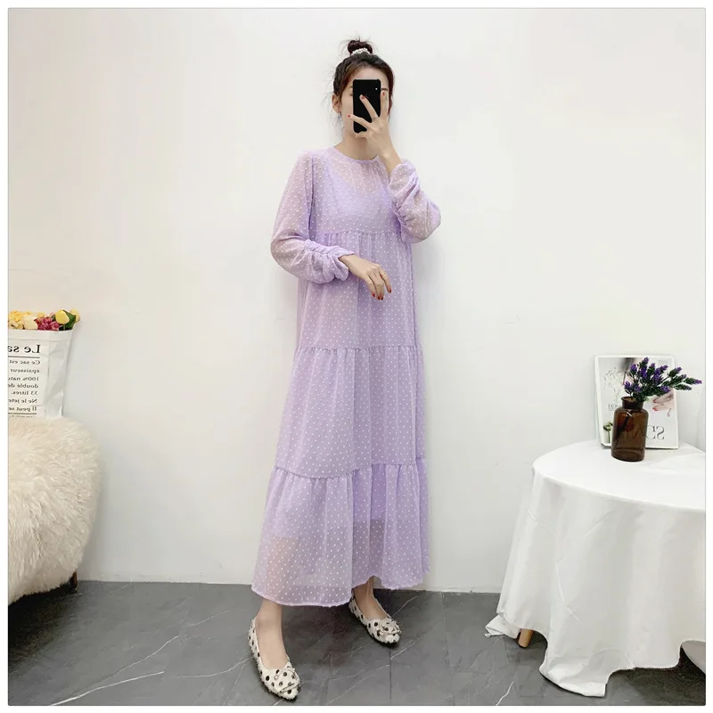 

2024 Spring New French Gentle Sweet Lace Halter Fairy Round Neck Long Sleeve and Ankle Length Dresses