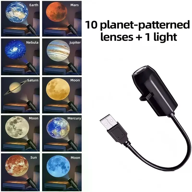 360-Degree Rotating Planet Projection Portable Star Lamp, USB LED Light Up Ambient Glow Ceiling Light with 10 Space Slides, Living Room Bedroom Decor Plug & Play Easy-to-Use Lamp Flexible Gooseneck Galaxy Projection Lamp for Room Decor