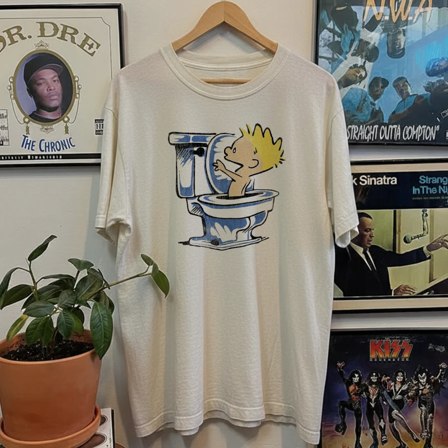 1990 Calvin and Hobbes Spin Cycle Washed White Tee Y2K Style Underground Print Loose Retro Summer